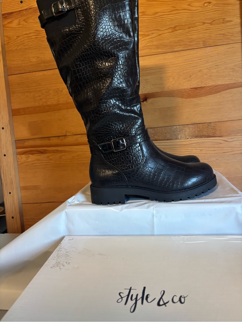 Style & Co. Black Croc-Embossed Knee-High Buckle Boots